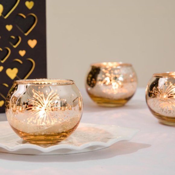 Set of 12 - Fireworks - Round Gold Mercury Glass Candle Holders (Bowl Shaped) - Picture 1 of 9